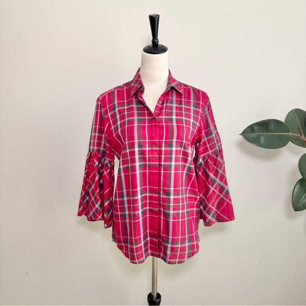 Lauren Ralph Lauren Plaid Bell Sleeve Button Down Shirt Womens Size S Red